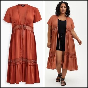 Torrid Auburn Gauze Crochet Duster Kimono Size 00